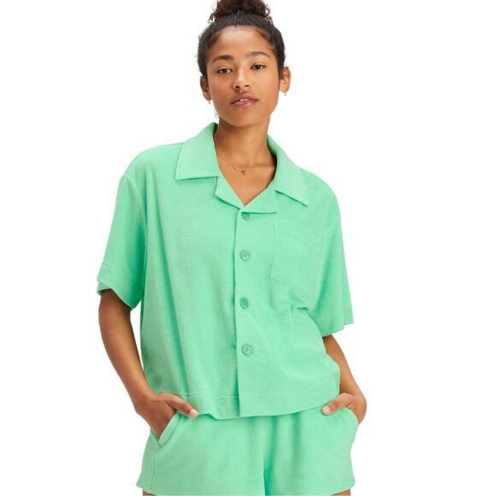 Fabletics Island‎ Terry Boxy Button Up Size M in Tropical Water NWT